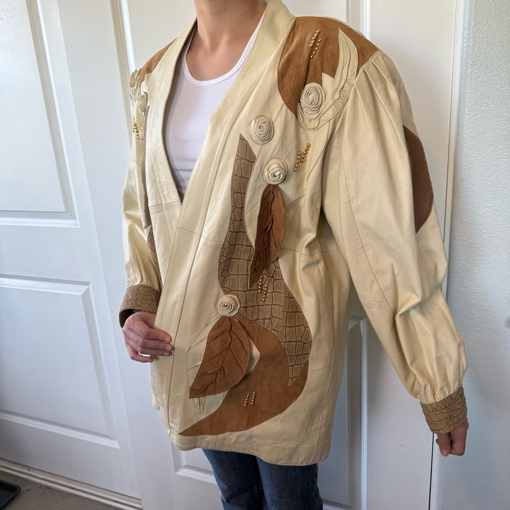 VINTAGE 80s Avant Garde Cream floral Brown LEATHER open structure Jacket coat L